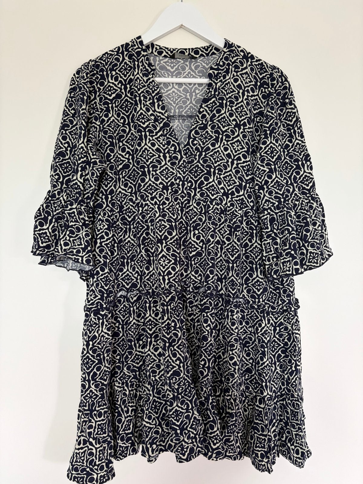 Pigalle Jurk met print en ruches - Maat M, Maat 38/40 (M), Blauw, Ophalen of Verzenden, Zo goed als nieuw