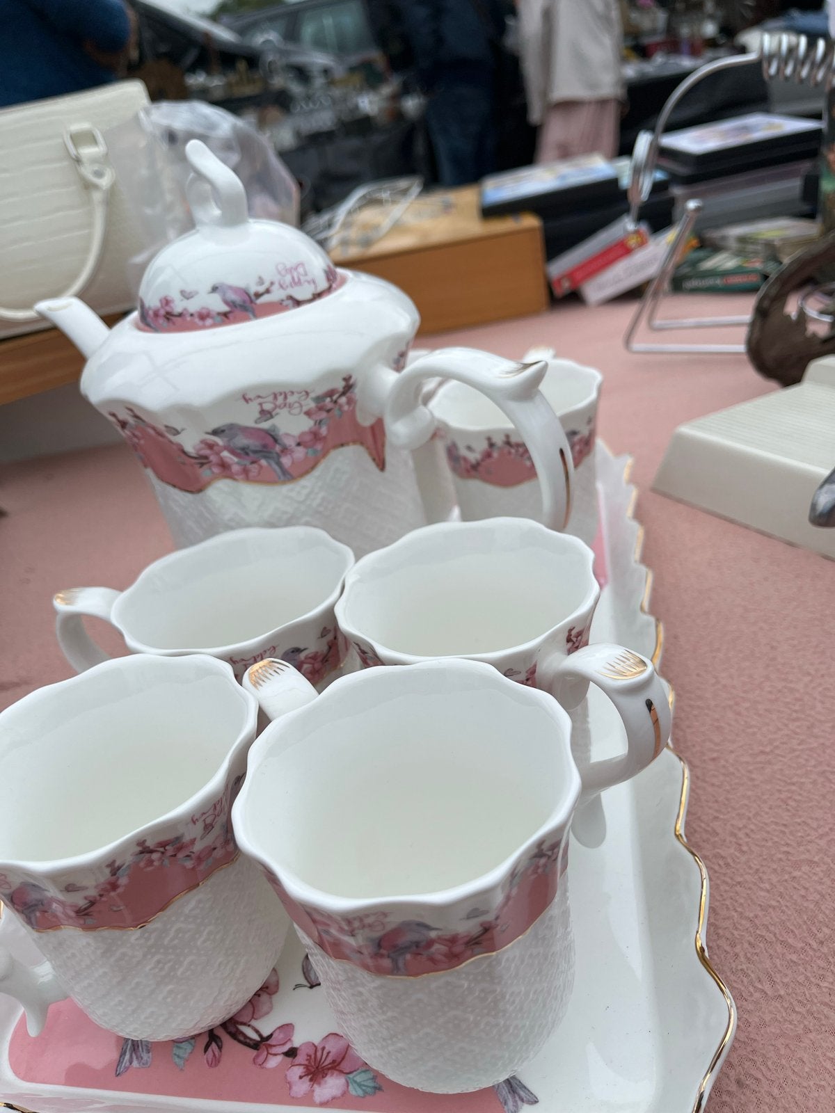 Prachtig theeservies met vogel- en bloemmotief, Ophalen, Overige merken, Zo goed als nieuw, Porselein