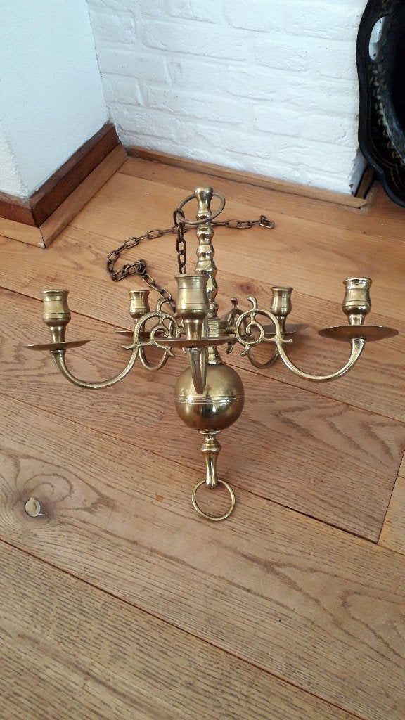 ANTIEK 5 ARMIG KOPEREN KAARSENKROONLAMP, Ophalen of Verzenden