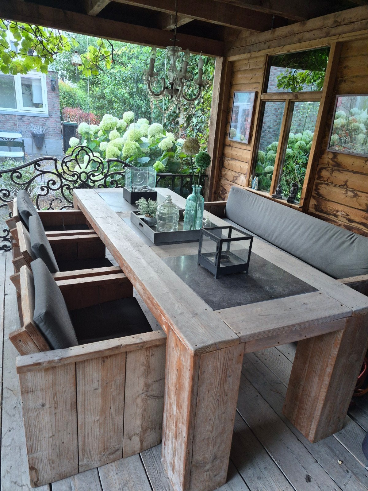 Grote tuinset steigerhout hardsteen incl 2 krukken, kussens, Tuin en Terras, Tuinsets en Loungesets, Ophalen, Gebruikt, Bank
