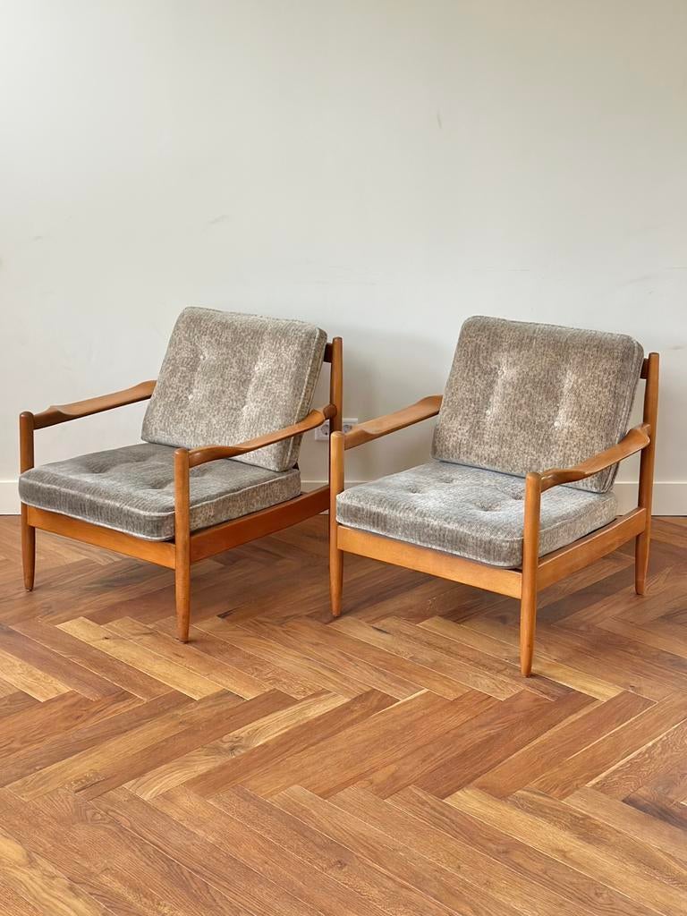 2 Vintage fauteuils Deens design hout stof jaren 50/60/70, Ophalen, Gebruikt, Vintage, 75 tot 100 cm
