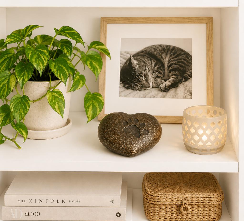 bronzen urn / URN MET AFDRUK VAN EEN KATTENPOOT / ASURN