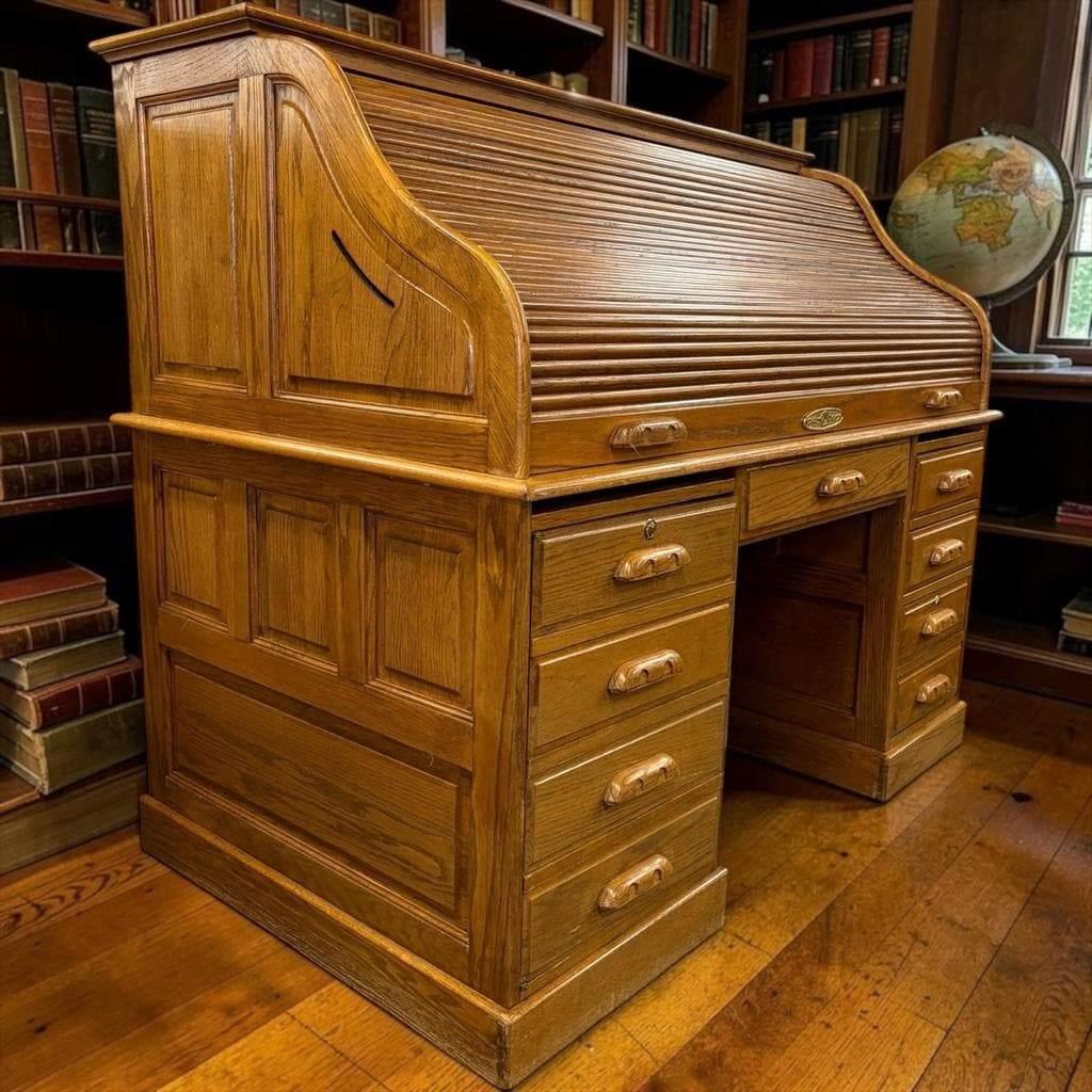 vintage houten Amerikaanse rolluikbureau / desk, Huis en Inrichting, Bureaus, Ophalen, Gebruikt