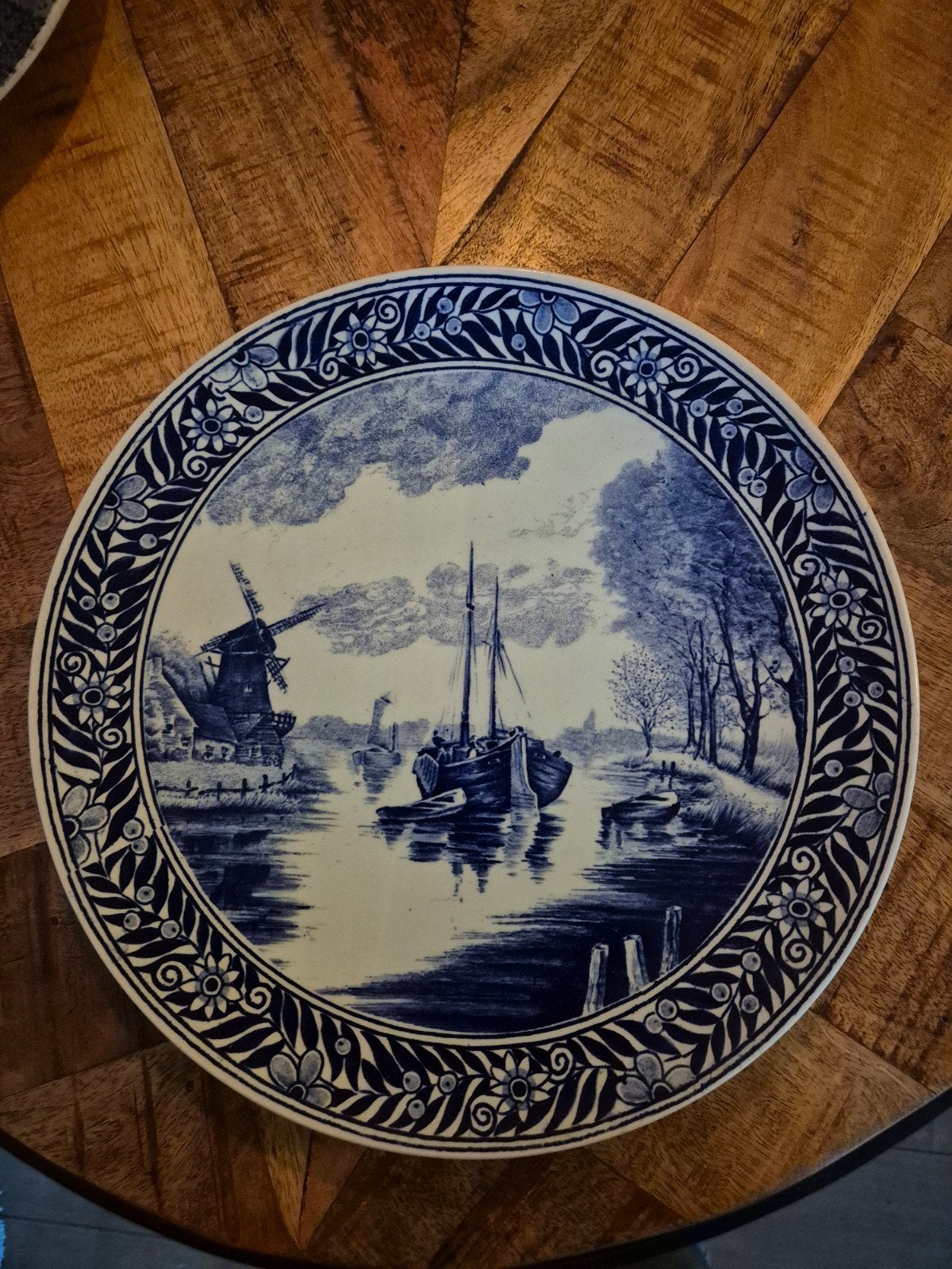 Antiek Delfts Blauw Wandbord - Molen en Schip, Antiek en Kunst, Ophalen of Verzenden