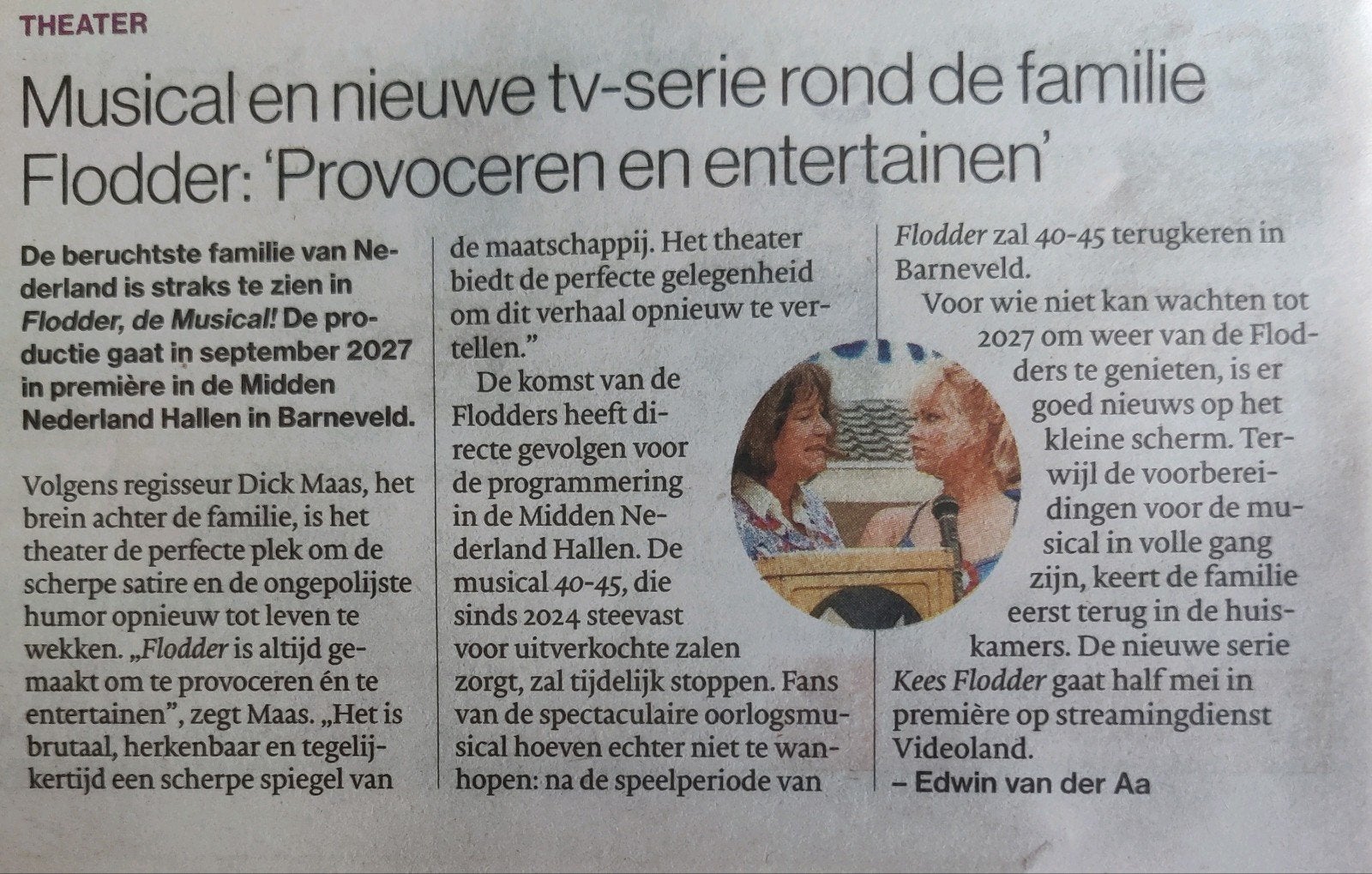 Musical en nieuwe tv-serie rond de Familie Flodder. Krantart, Ophalen of Verzenden, 1980 tot heden, Nederland, Knipsel(s)