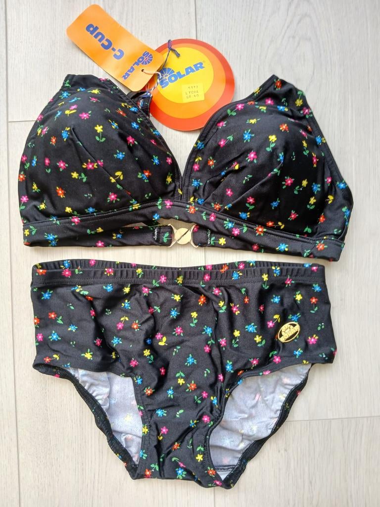 Solar nieuwe zwarte bikini met bloemen, maat 40, C-cup, Ophalen of Verzenden, Nieuw, Zwart, Bikini