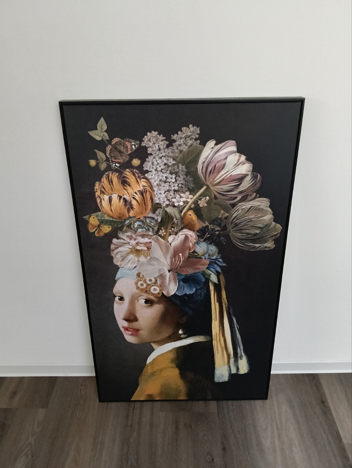 Meisje Met De Parel Schilderij Bloemen Zwarte Lijst, Ophalen, Zo goed als nieuw, 50 tot 75 cm, Schilderij