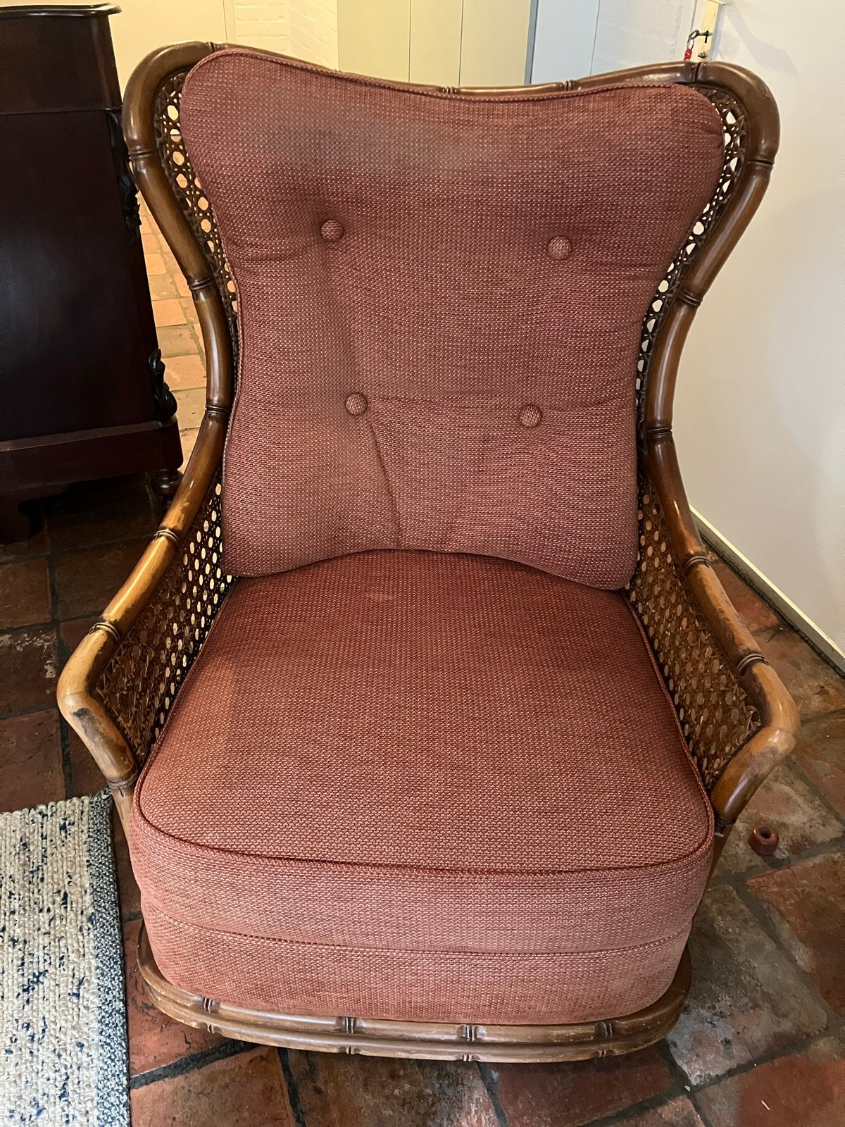 Giorgetti rotan fauteuil met stoffen bekleding, Huis en Inrichting, Fauteuils, Ophalen, Gebruikt, Riet of Rotan, 75 tot 100 cm