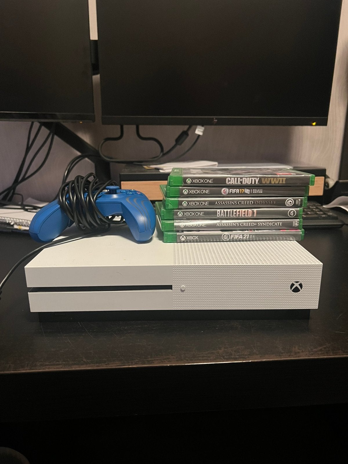 Xbox One S 500GB + blauwe controller + 6 games, Ophalen, Xbox One S, Met 1 controller, 500 GB