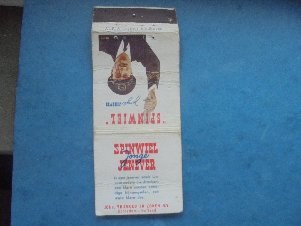 Oud lucifermerk Spinwiel Jenever, Vrijmoed en Zonen SCHIEDAM, Verzamelen, Ophalen of Verzenden, Zo goed als nieuw, Luciferdoosjes of -merken