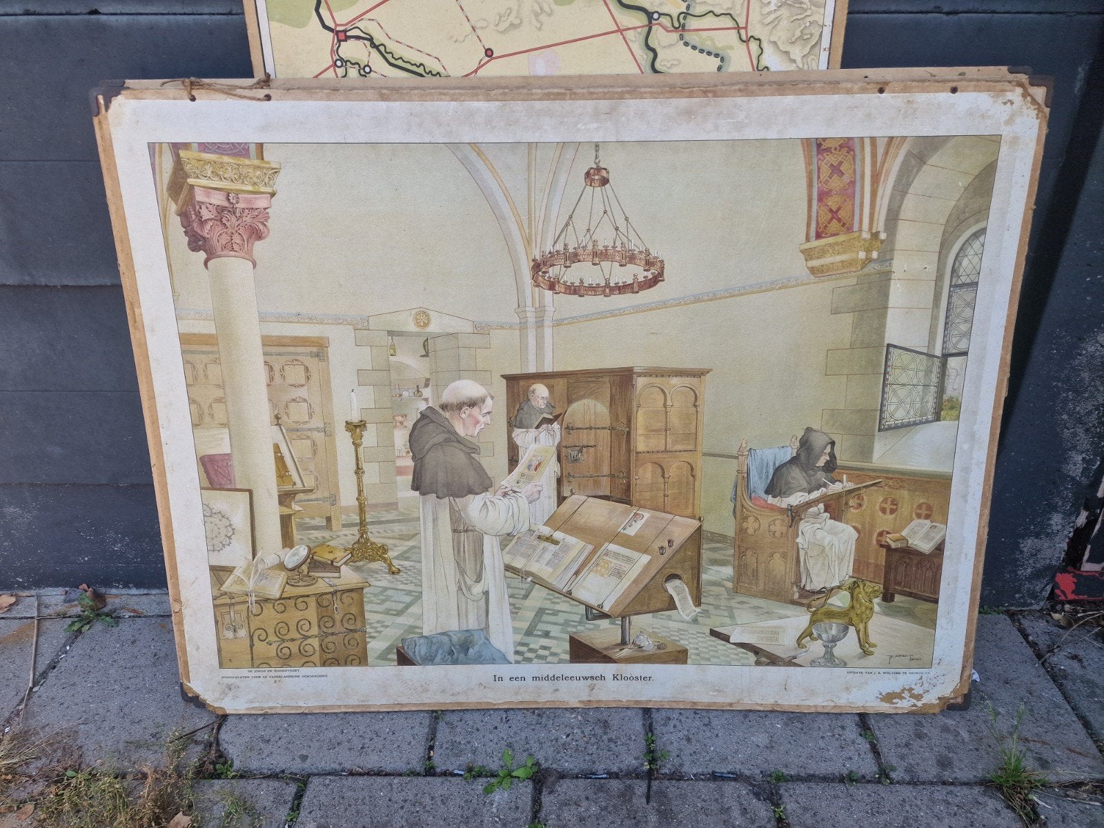 Schoolplaat: In een Middeleeuws Klooster, Antiek en Kunst, Ophalen of Verzenden, Geschiedenis