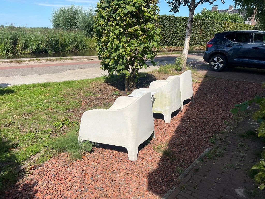 Gratis IKEA tuinstoelen 3 stuks, Ophalen, Gebruikt, Kunststof, Stapelbaar