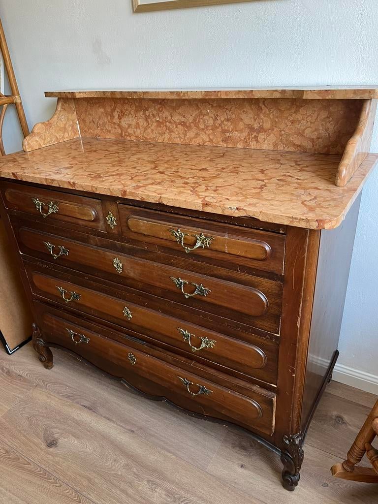Antieke ladekast commode kaptafel marmer blad incl spiegel, Ophalen, Zo goed als nieuw