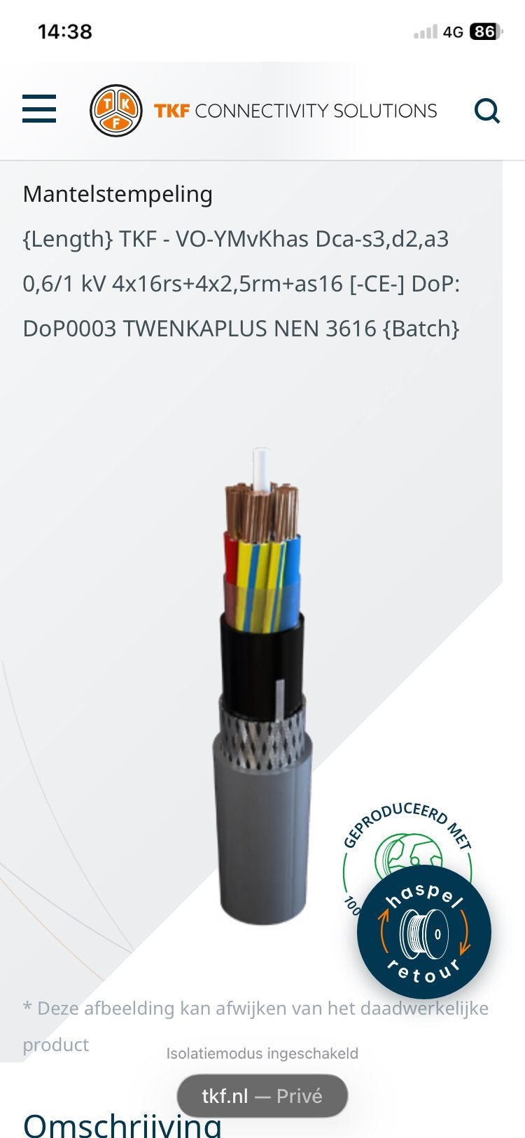 TKF Grondkabel YMVKas 4x16+4x2,5mm2, aarde as 16mm2, 144m, Ophalen, Nieuw, Overige merken, Kabel of Snoer
