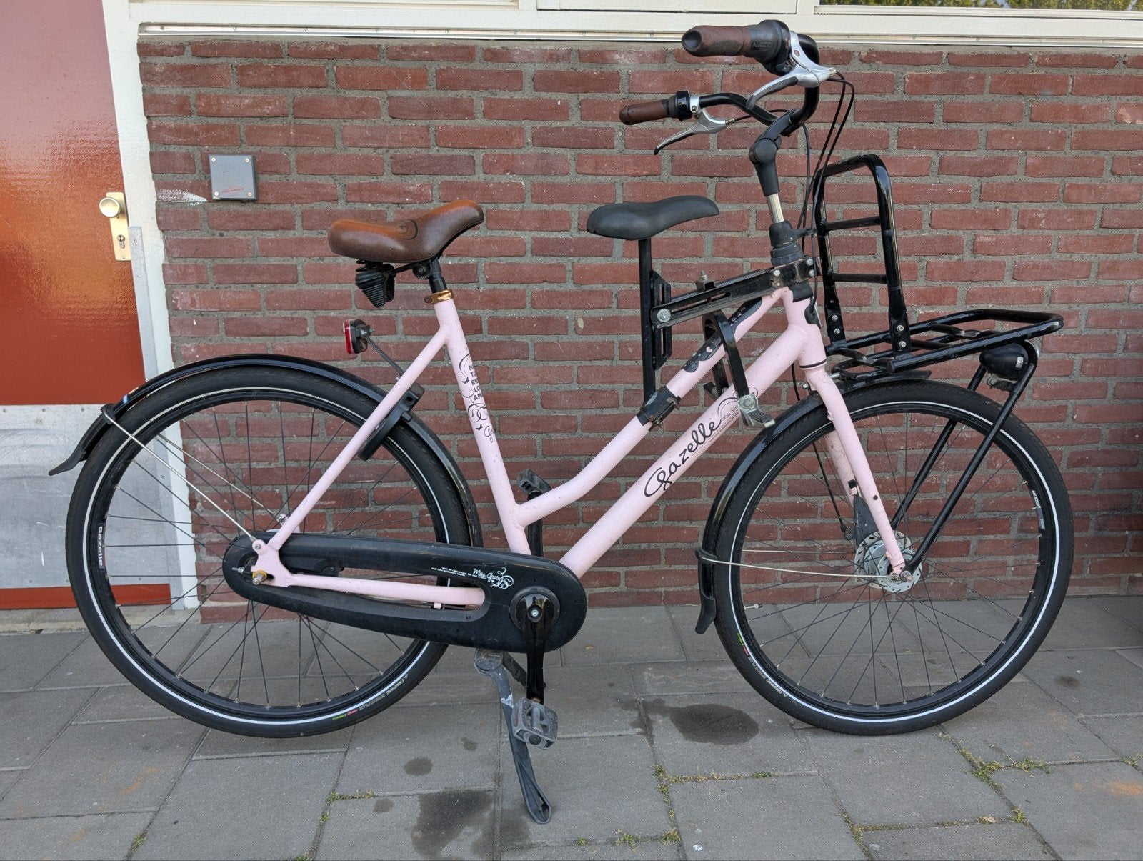 Roze Gazelle Miss Grace fiets met voordrager en kinderzitje, Ophalen, Versnellingen, Gazelle, 53 tot 56 cm