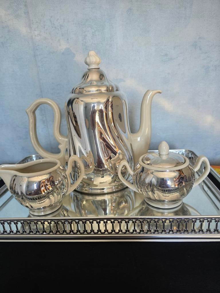 Verzilverde Koffieset met Italiaans Spiegelblad, Antiek en Kunst, Ophalen of Verzenden, Zilver