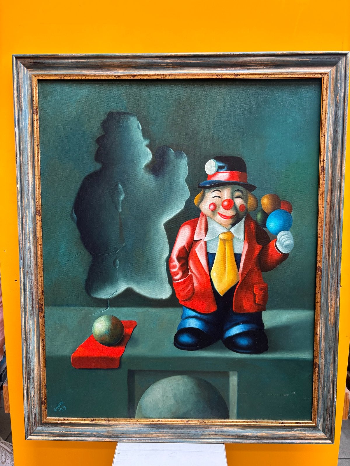 Vrolijk schilderij clown inclusief lijst door André van Loon, Overige stijlen, Doek, Portret of Personen, Ophalen of Verzenden