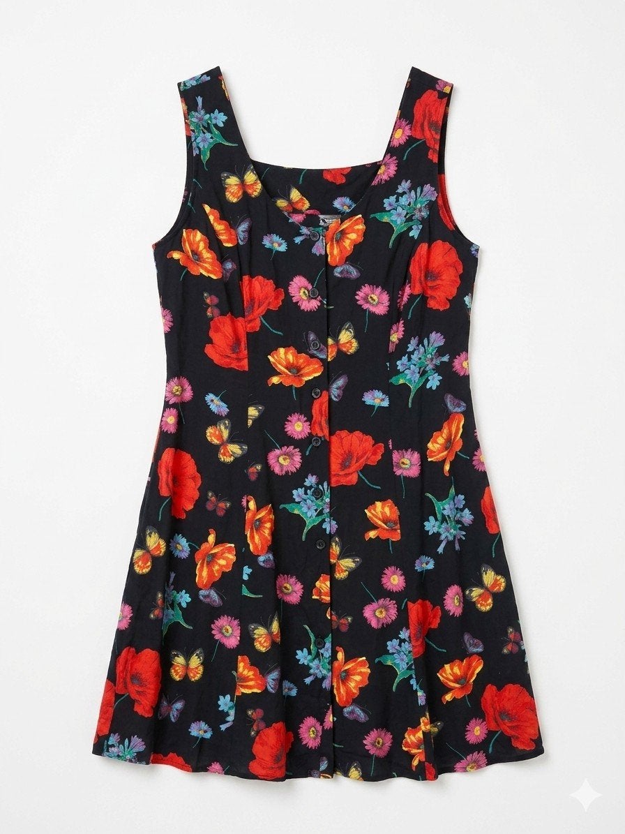 Leuke vrolijke mouwloze zomer jurk met print bloemen vlinder, Verzenden, Zwart, Zo goed als nieuw, Vintage