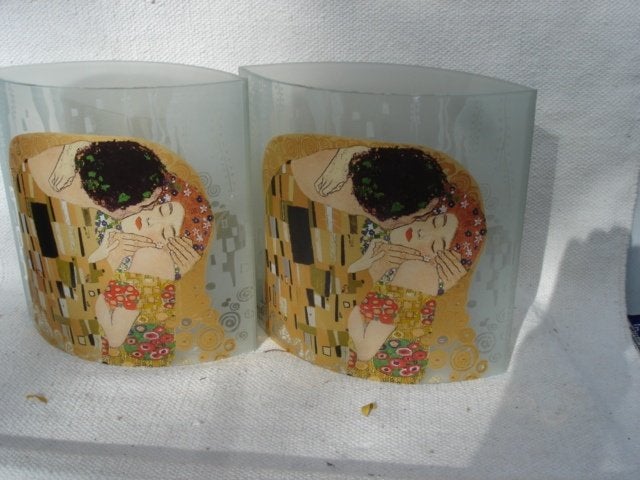 Twee Gustav Klimt Collection Goebel tafellampen Z.G.A.N., 25 cm, Meerkleurig, Met schakelaar, E14 (klein)