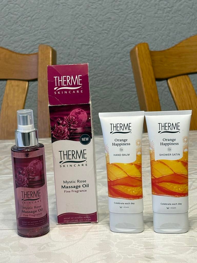 Therme Skincare Set: Mystic Rose Massage Olie & Orange Happi, Ophalen of Verzenden, Nieuw, Bad & Douche