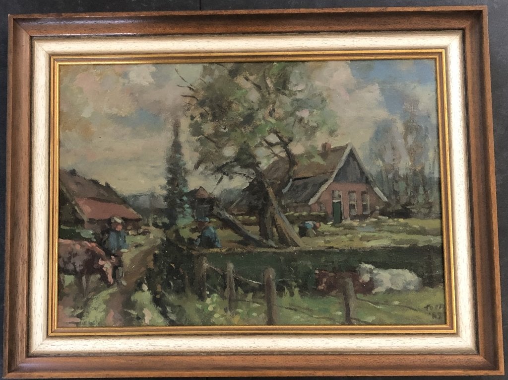 Fraai Olieverfschilderij Landschap met boerderij en vee, Landschap, Ingelijst, Ophalen of Verzenden, Olieverf