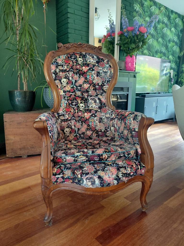 Unieke Barok Fauteuil met Tattoo Stof - Eyecatcher, Ophalen