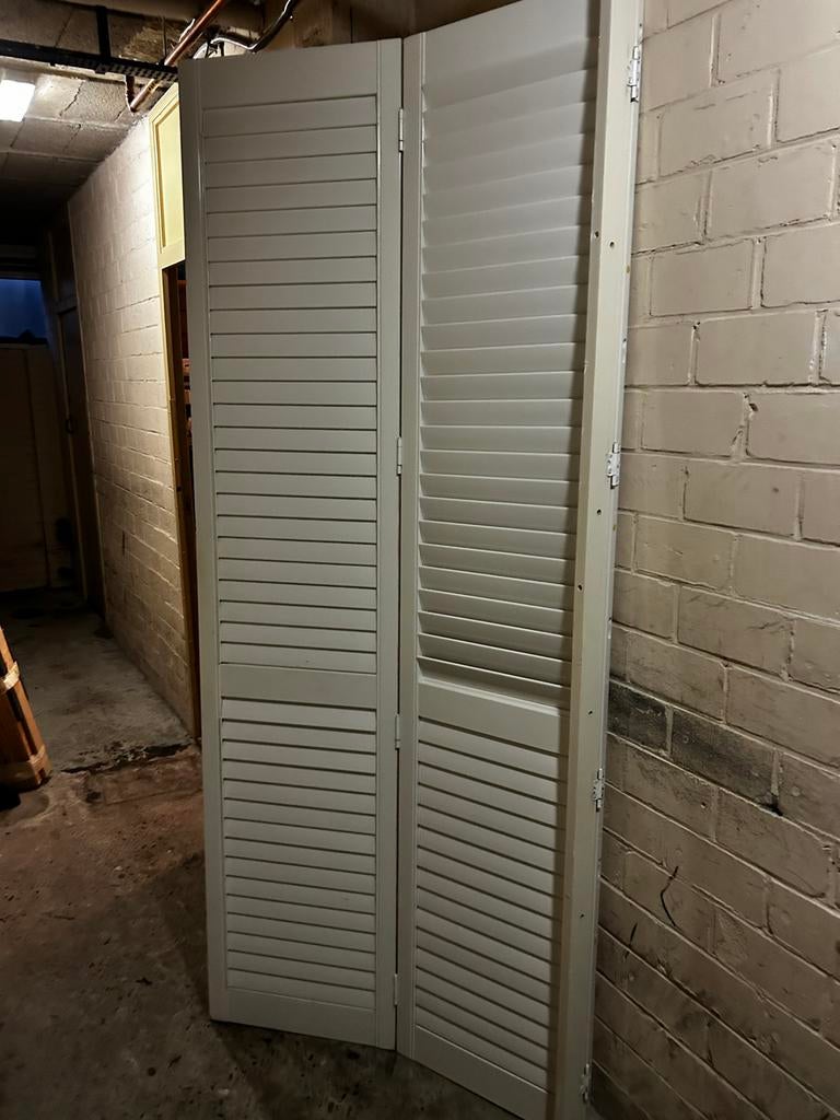 Twee houten shutters 227x49cm -, Ophalen, Gebruikt, Minder dan 80 cm, 215 cm of meer