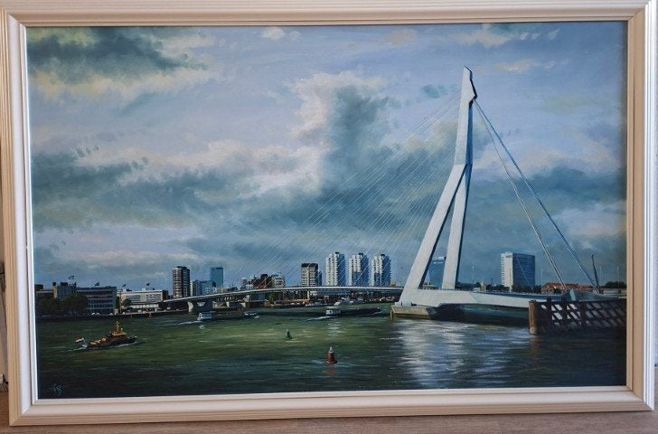Schilderij met lijst "De Zwaan Rotterdam", F v.d. Burg, Ophalen, Acrylverf, Gesigneerd, Overige materialen