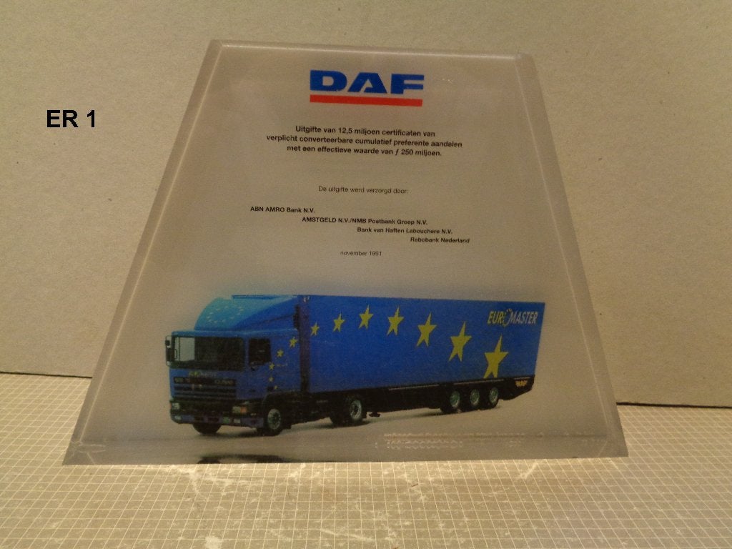 Glazen statief ivm uitgifte aandelen daf, Ophalen of Verzenden, Nieuw, Reclamebord