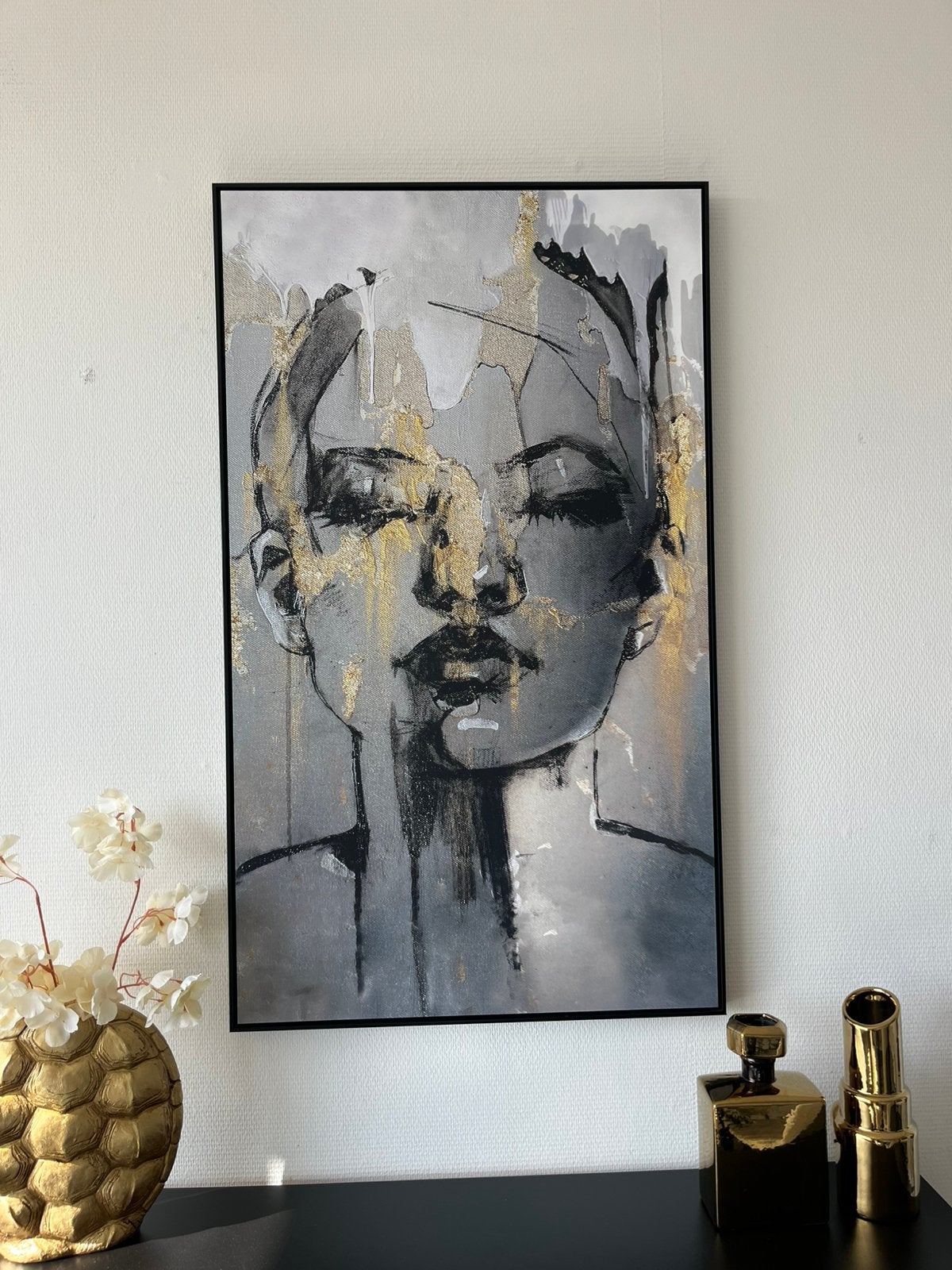Schilderij goud met zwart van reinders golden face, Ophalen of Verzenden