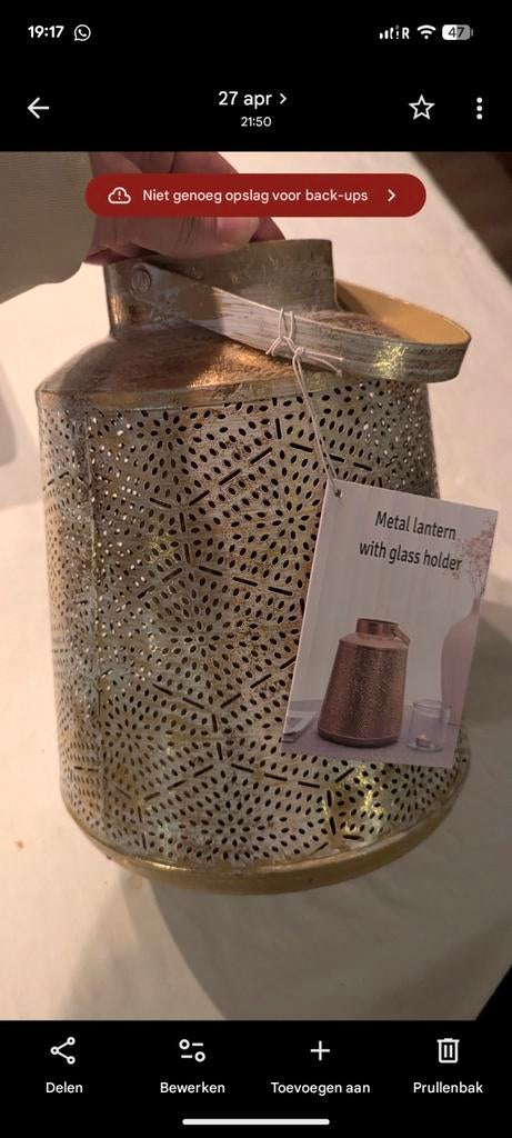 Metalen lantaarn met glashouder - Goudkleurig, Ophalen of Verzenden, Nieuw, Modern, Oosters, Sfeervol