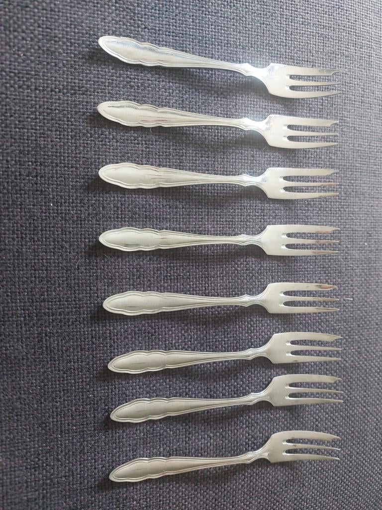 Set van 8 vintage zilverkleurige gebaksvorkjes, Ophalen of Verzenden