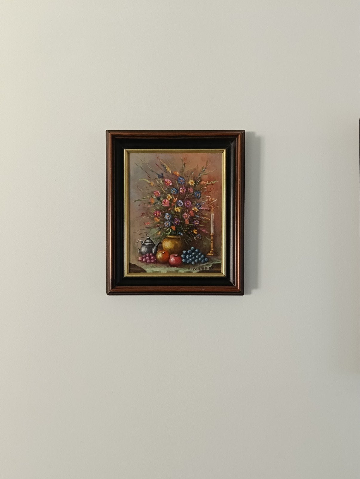 Schilderij Stilleven met Bloemen en Fruit - Gesigneerd, Doek, Realistisch, Stilleven, Ophalen of Verzenden