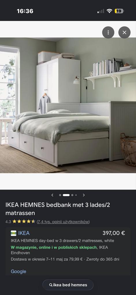 IKEA HEMNES Bedbank met 3 lades, Huis en Inrichting, Slaapkamer | Bedden, Ophalen, Wit, Tweepersoons, 80 cm