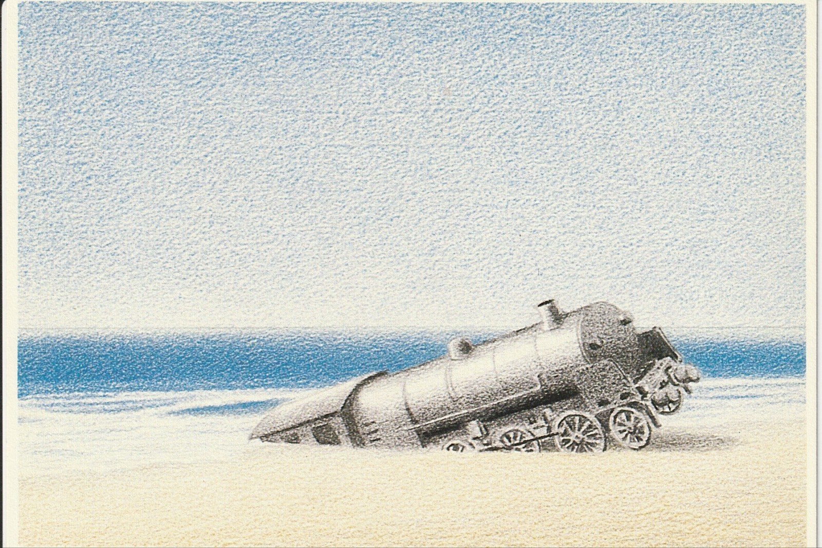 RENE BOIN 1983 NO TITLE STOOMLOCOMOTIEF OP STRAND ZEEGEZICHT, Ophalen of Verzenden, Zo goed als nieuw, Trein, Kaart of Prent