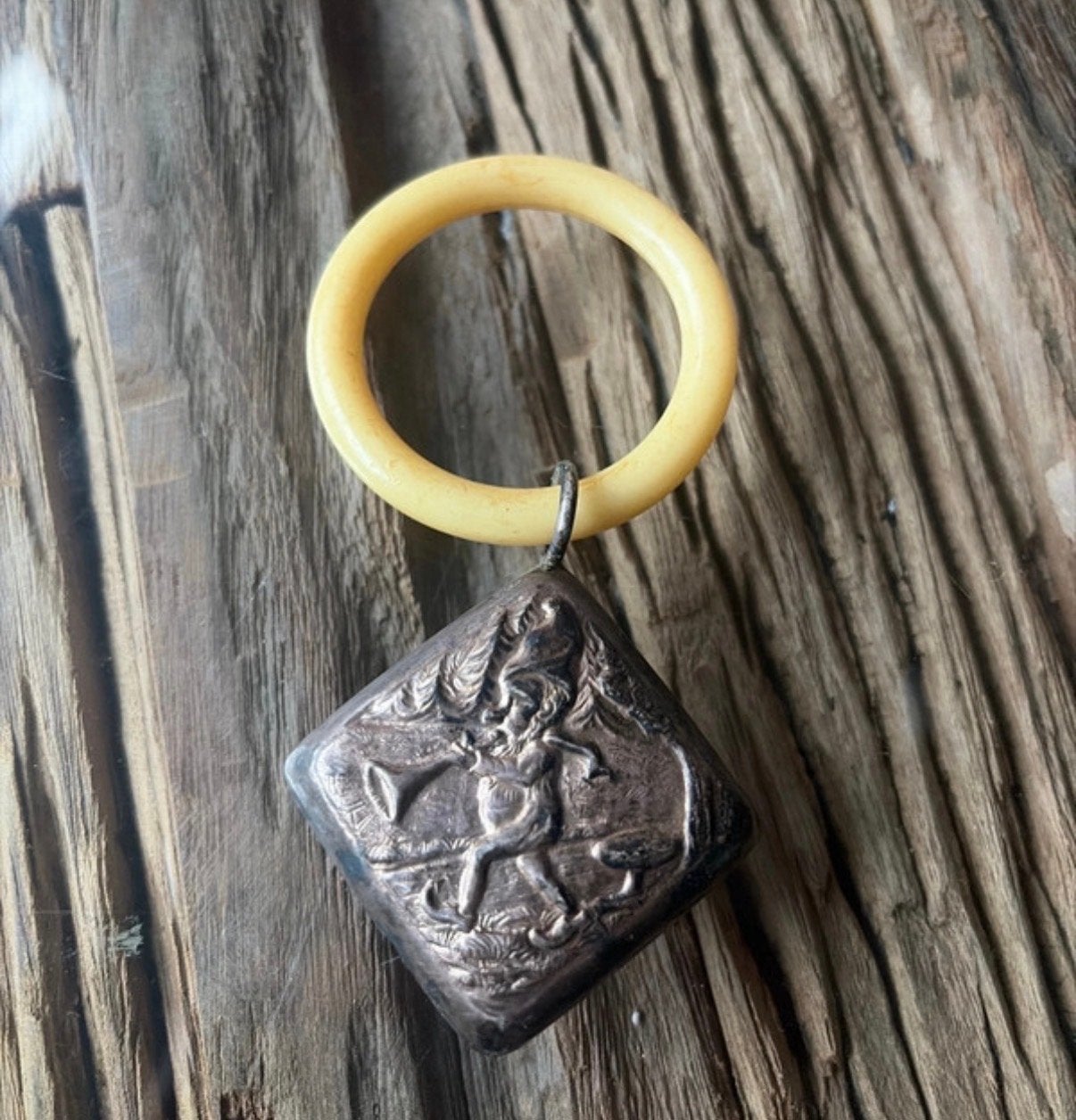 Antieke zilveren rammelaar met ivoren ring, Ophalen of Verzenden
