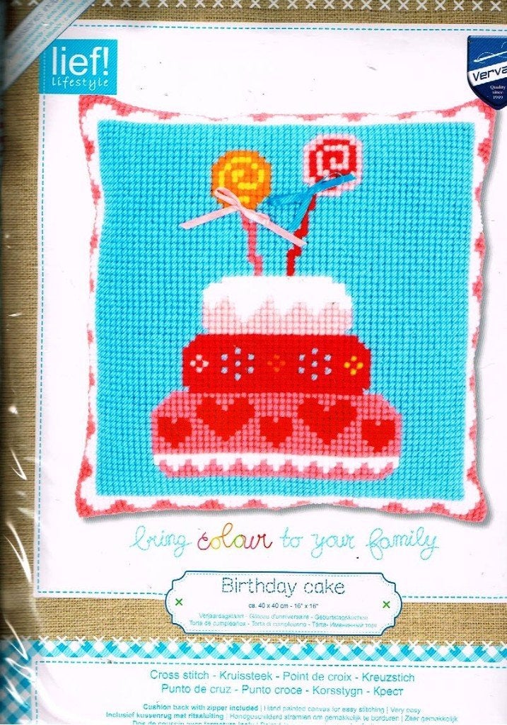 Cado OPRUIMING LIEF borduurpakket kussen  BIRTHDAY CAKE, Ophalen of Verzenden, Nieuw, Handborduren, Borduurpakket