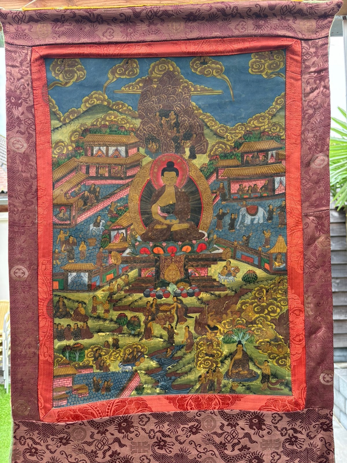 Antiek Tibetaans Thangka Schilderij - Boeddha, Tibet, Ophalen of Verzenden, Meerkleurig, Geschilderd