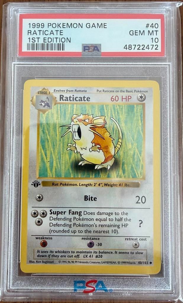 PSA 10 | Raticate #40 1st Edition Shadowless | Base Set, Ophalen of Verzenden, Zo goed als nieuw, Losse kaart