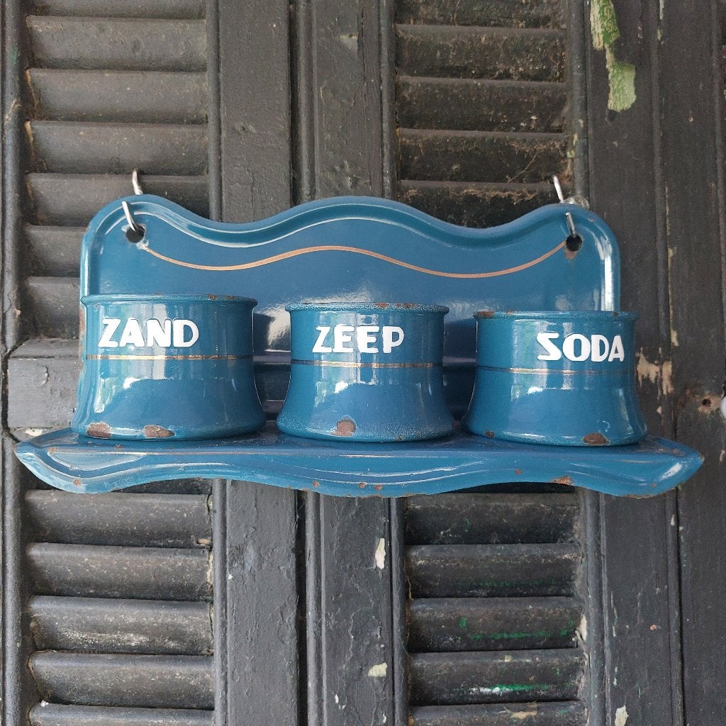 Brocante zand zeep soda in petrol blauw emaille, Antiek en Kunst, Ophalen of Verzenden