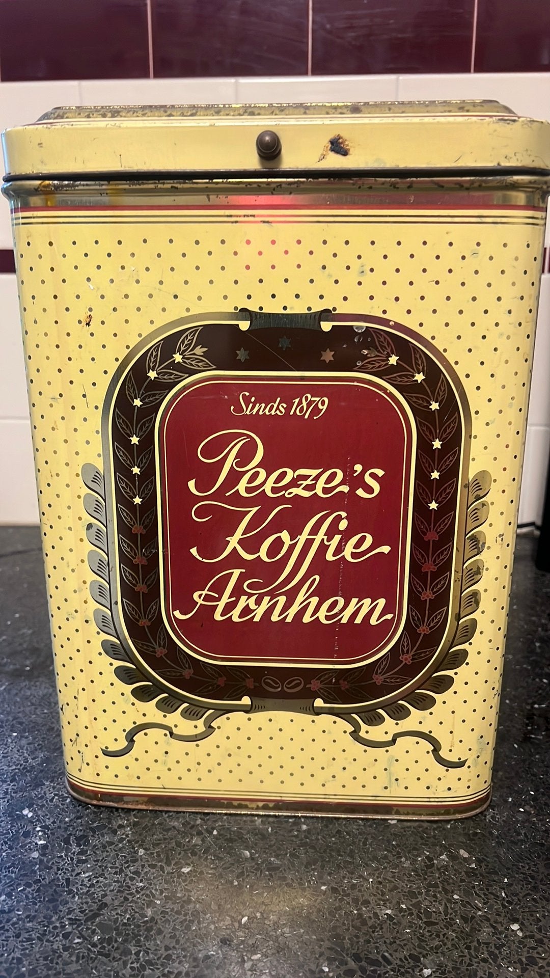 Vintage koffie blik Peeze Arnhem, Verzamelen, Blikken, Ophalen of Verzenden, Gebruikt, Koffie, Overige merken