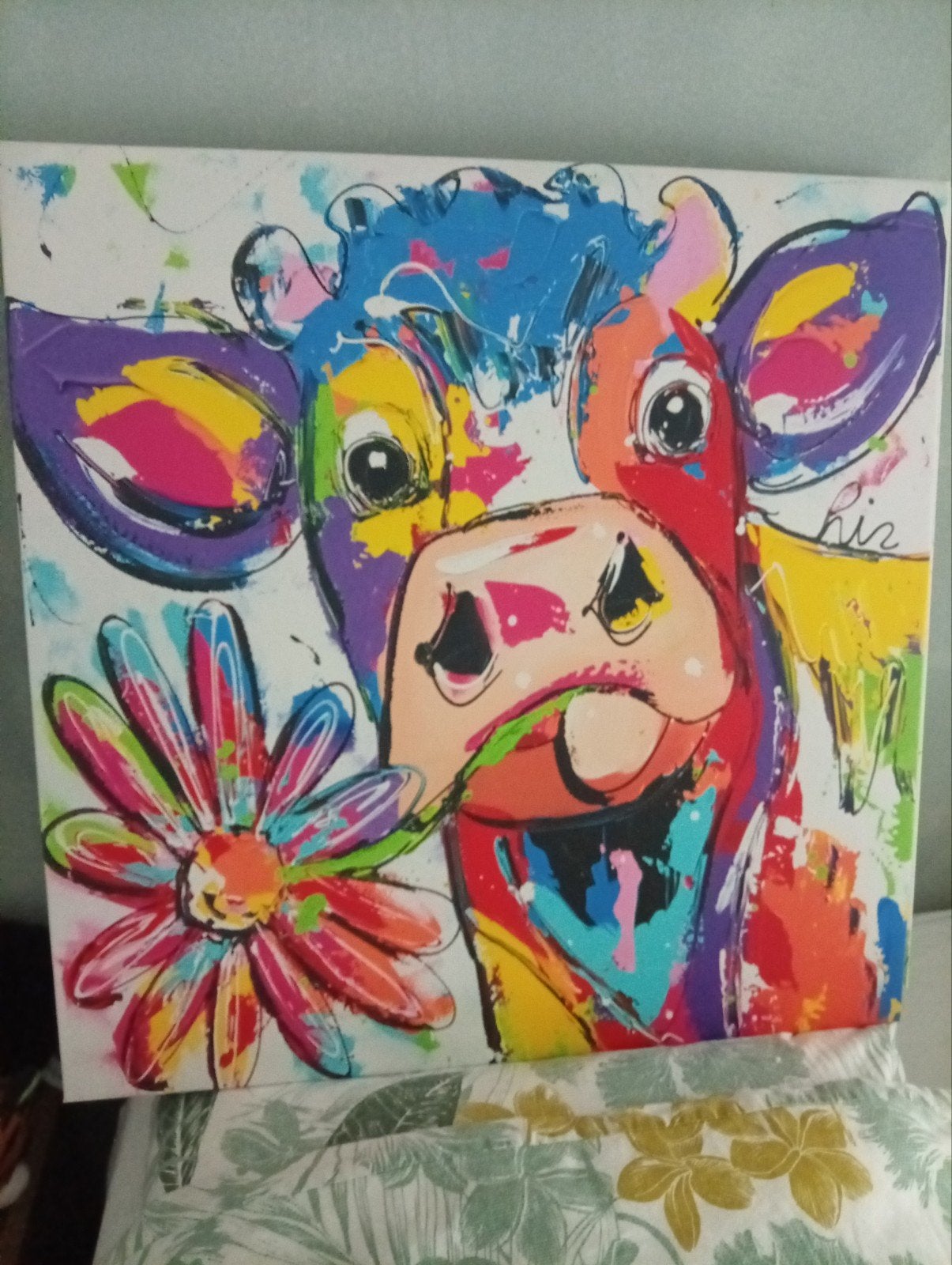 Vrolijke Koe met Bloem - Handgeschilderd Schilderij, Ophalen, Acrylverf, Gesigneerd, Dieren