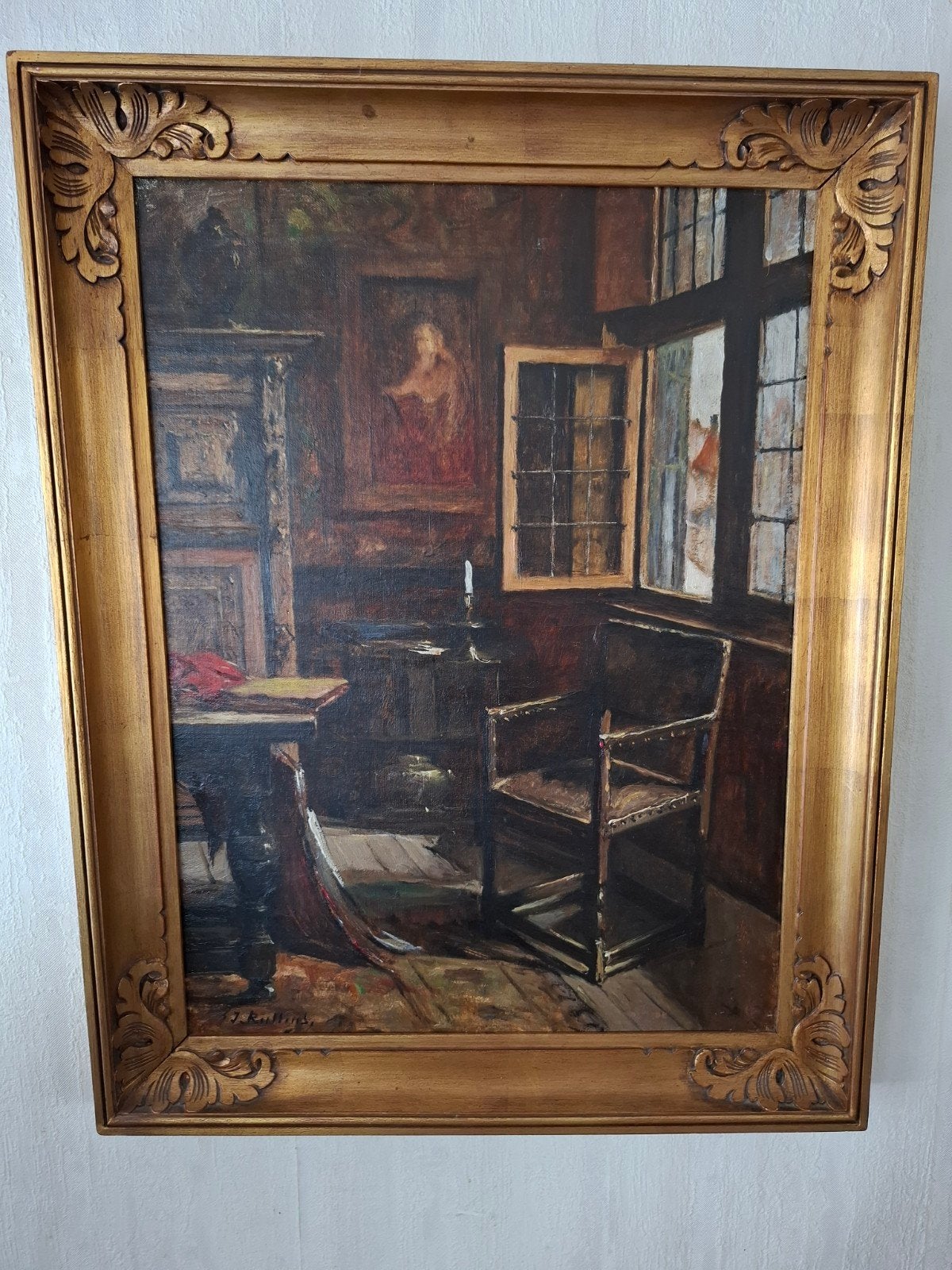 Schilderij op doek Jules Rullens - binnenhuistafereel, Ophalen, Gesigneerd, Olieverf, Doek