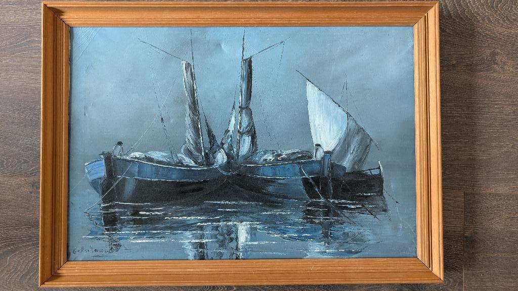 Schilderij met vissersboten, Antiek en Kunst, Ophalen