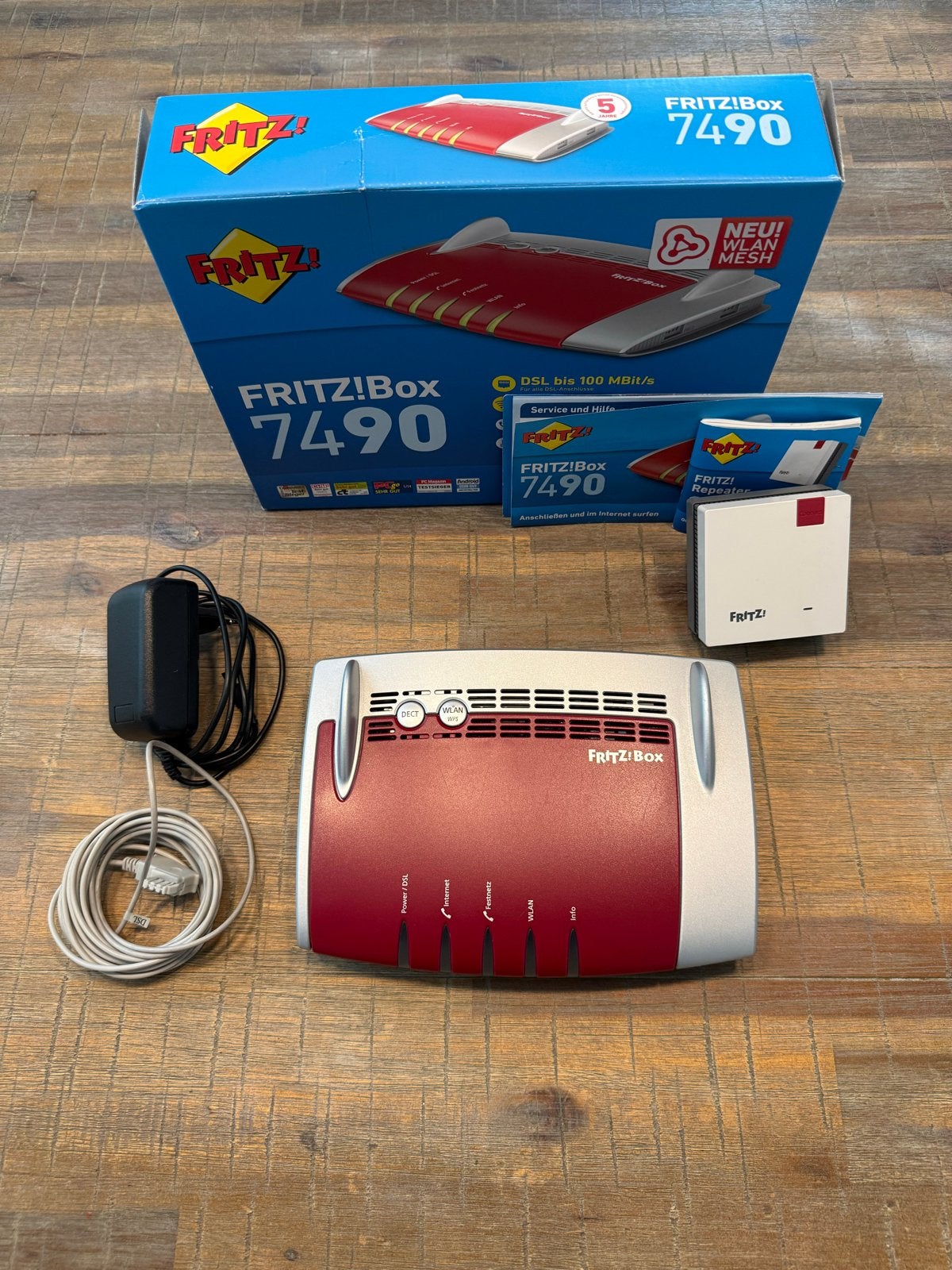 Fritz!repeater 1200 wifi 6 & Fritzbox 7490 modem, Computers en Software, Ophalen of Verzenden, Gebruikt, Router met modem