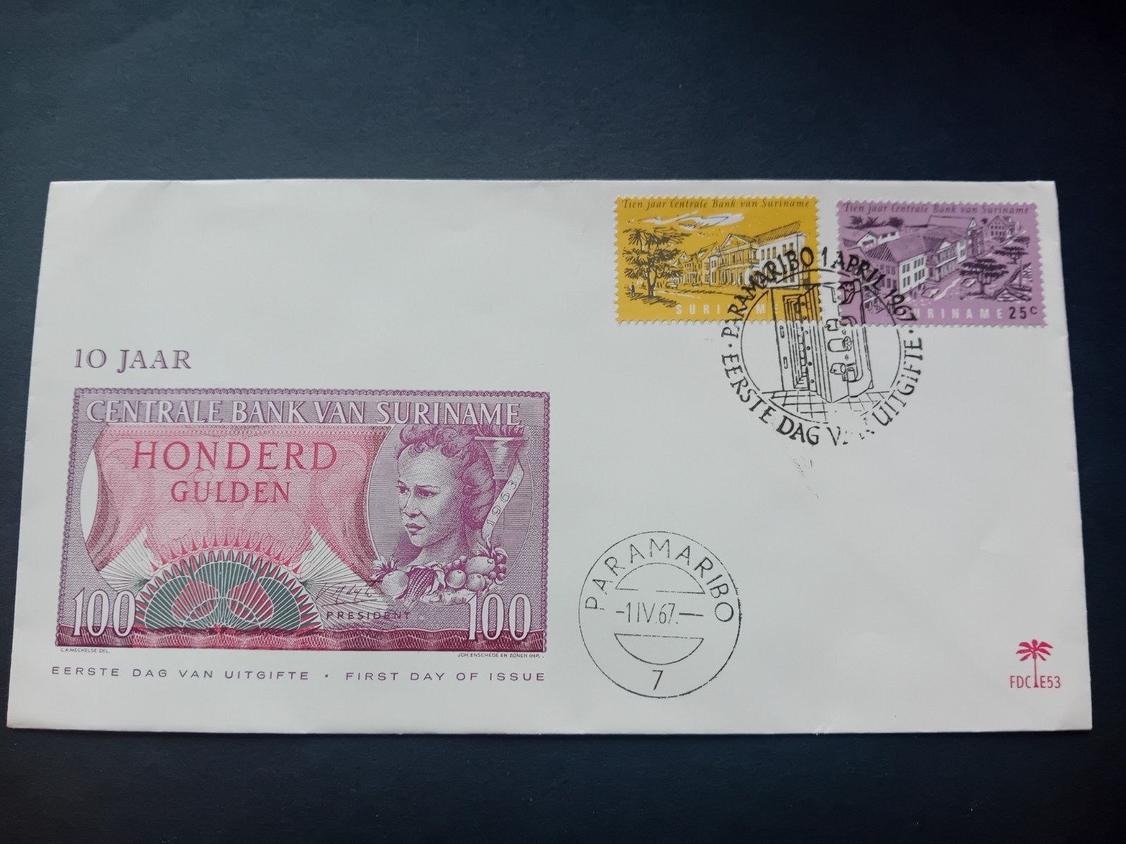 Suriname Eerste Dag Uitgifte 1967 - 100 Gulden Bankbiljet, Postzegels en Munten, Ophalen of Verzenden, Rest van de wereld