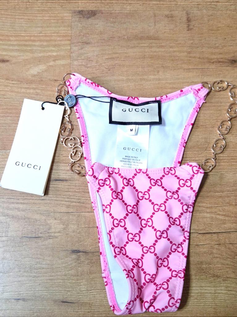 Gucci Bikini Broekje Roze met GG-patroon en ketting, Nieuw, Ophalen of Verzenden, Gucci, Roze