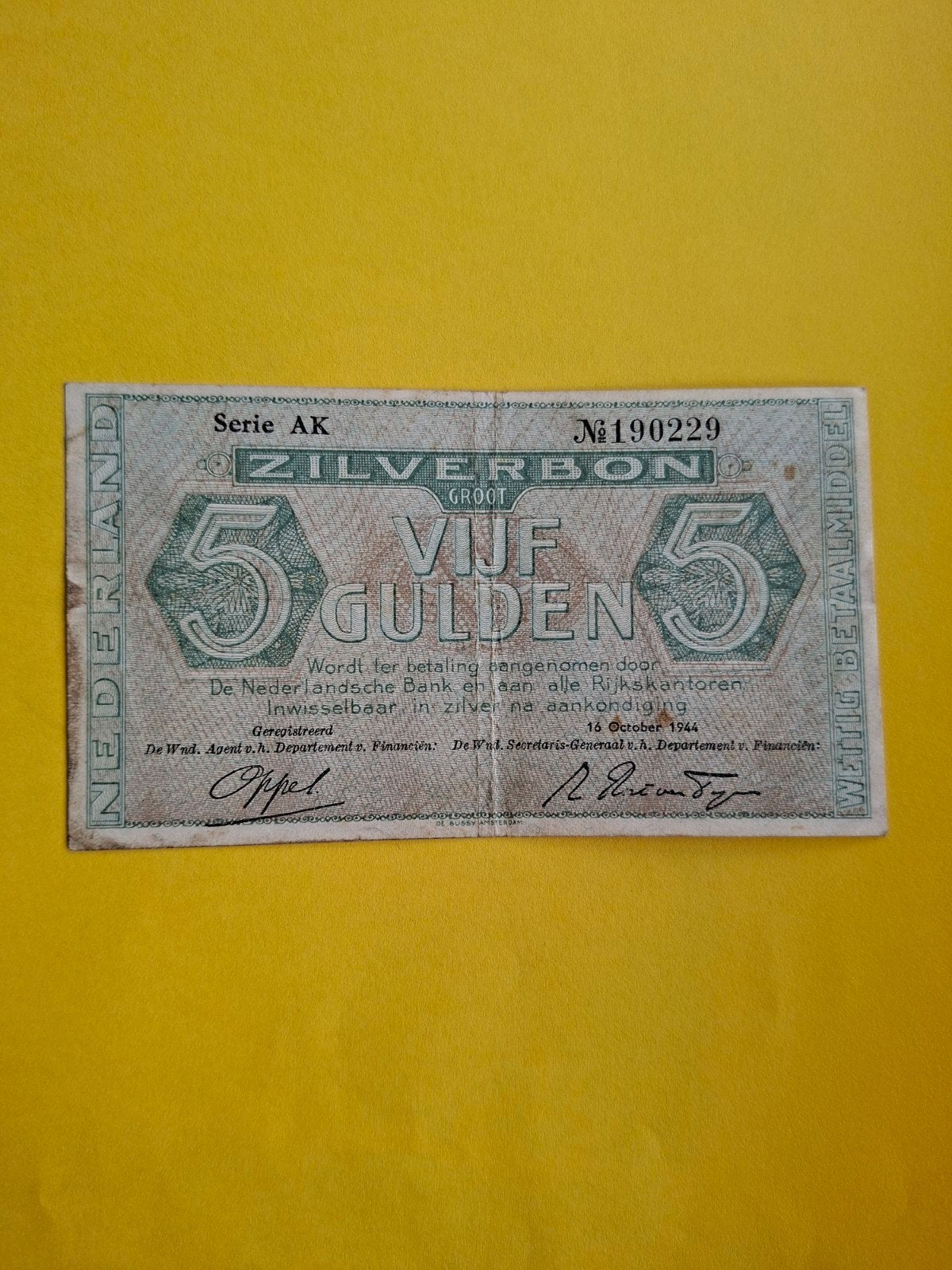5 gulden Zilverbon uit 1944 in ZF, Ophalen of Verzenden, 5 gulden, Los biljet