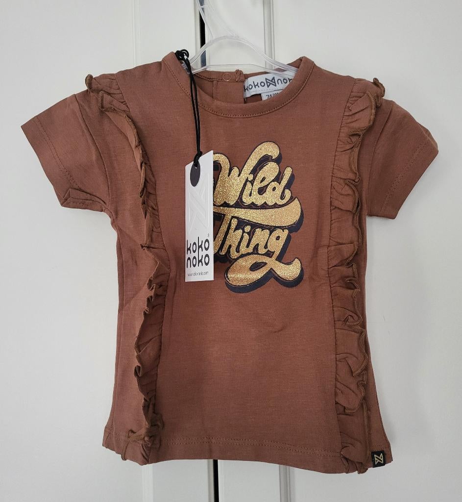 Nieuw! Shirtje Koko Noko, bruin met gouden glitters, maat 74, Kinderen en Baby's, Babykleding | Maat 74, Meisje, Nieuw, Ophalen of Verzenden