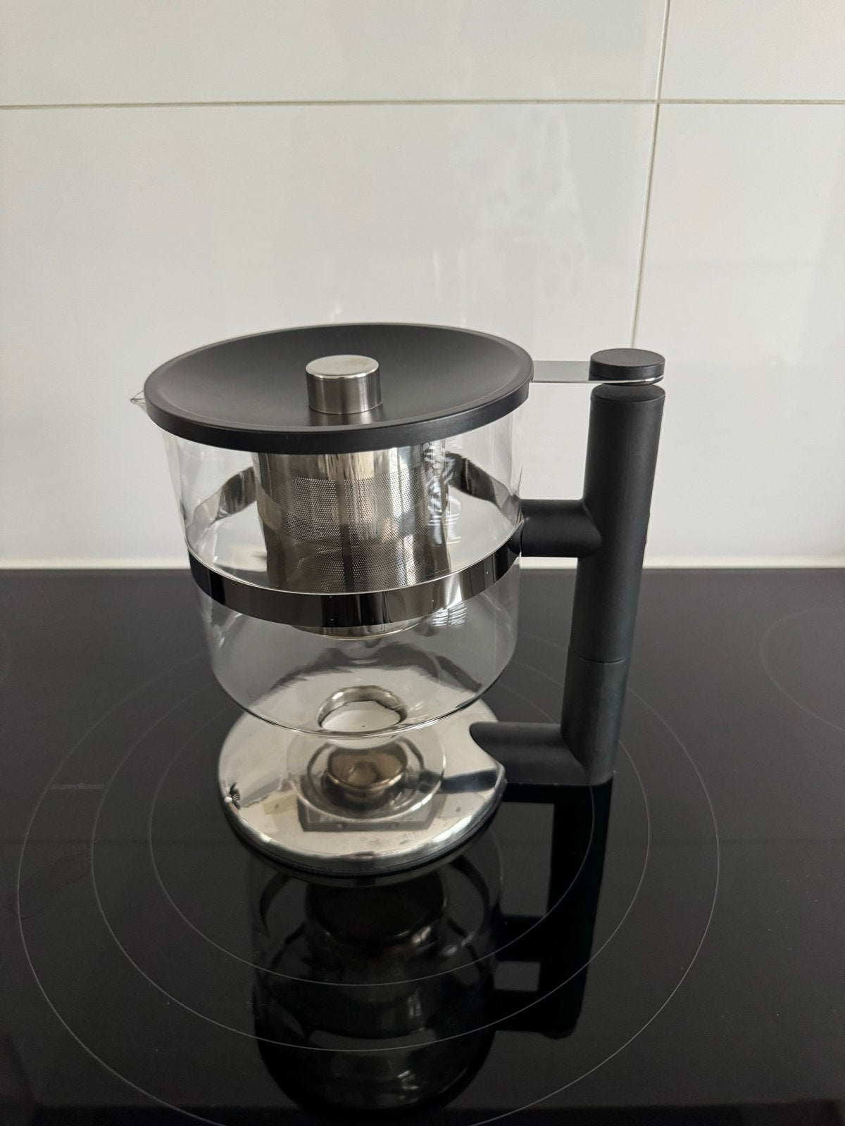 Stelton theepot met theelicht, glas en RVS, Glas, Zo goed als nieuw, Zwart, Overige merken